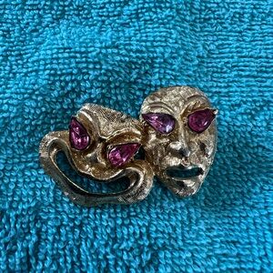 Gold and Purple Theatrical Mask Brooch with Gemstones
